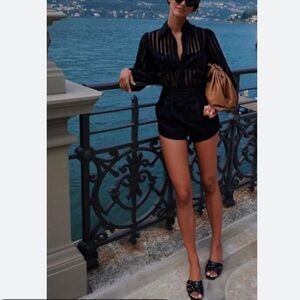 Zara striped velvet button down shirt